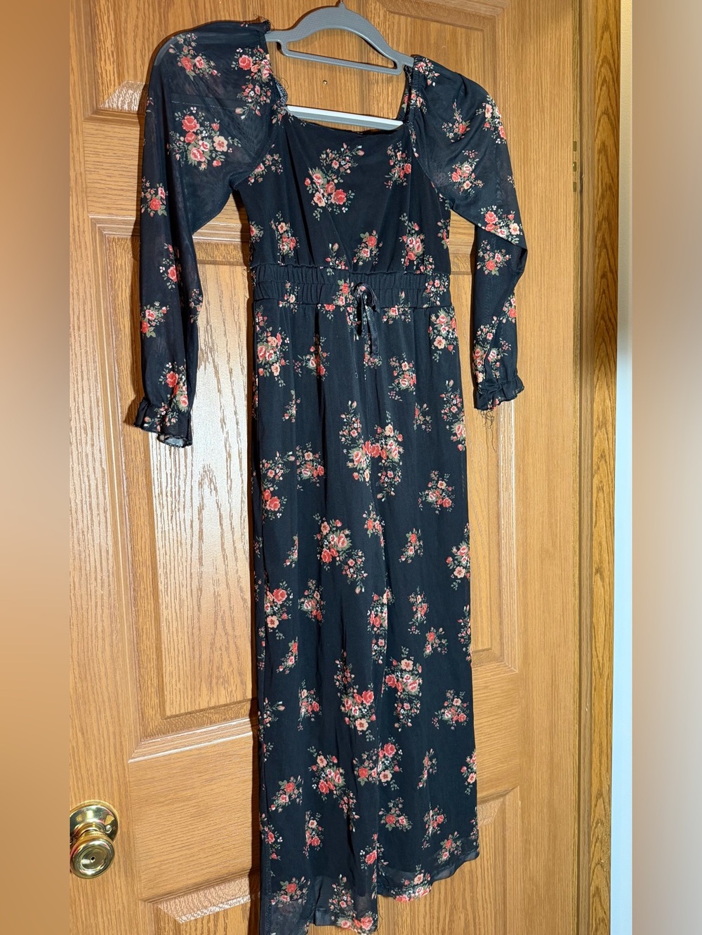 Three Hearts Black Maxi Dress with Red Floral Print